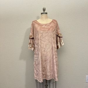 UMGEE USA Leave Print Bell Sleeve Midi Shift Dress Beige Velour Velvet